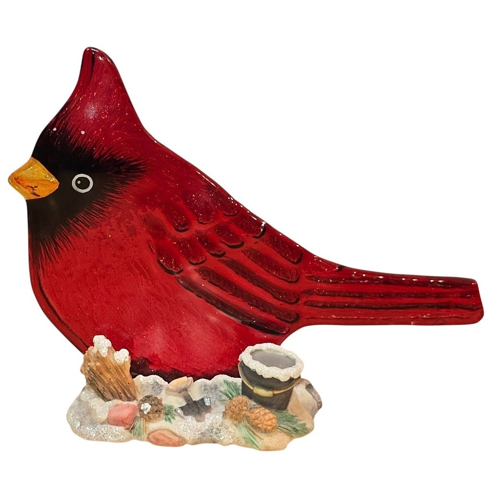 Red Cardinal Glass Tea Light Holder 5" Spring Loved Ones Who Have Passed